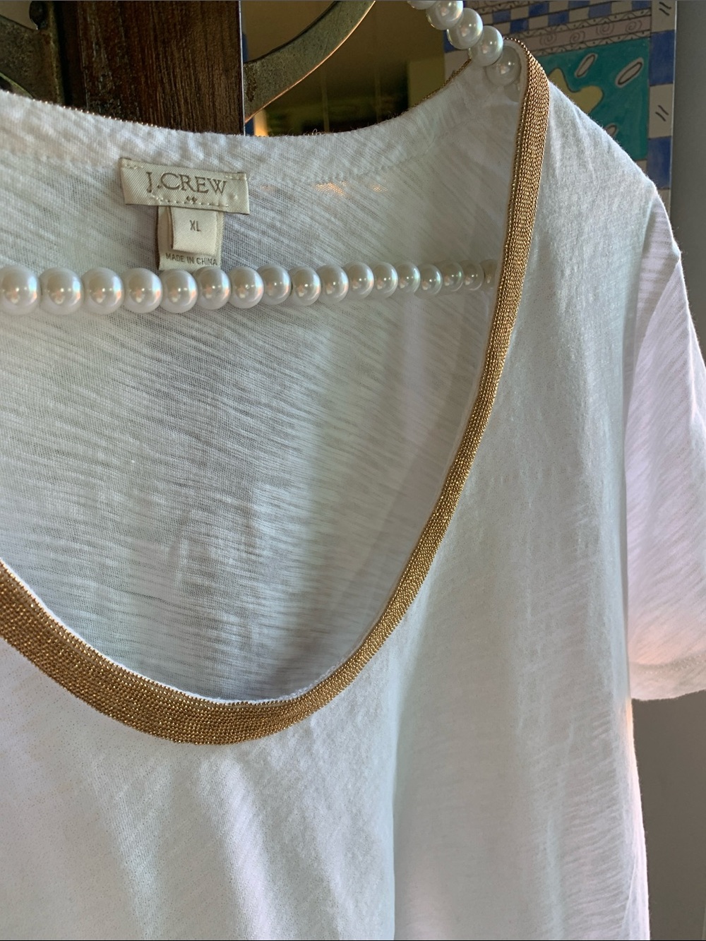 J. Crew White Short Sleeve Tee with Gold Seed Brad Trim Scoop Neck XL